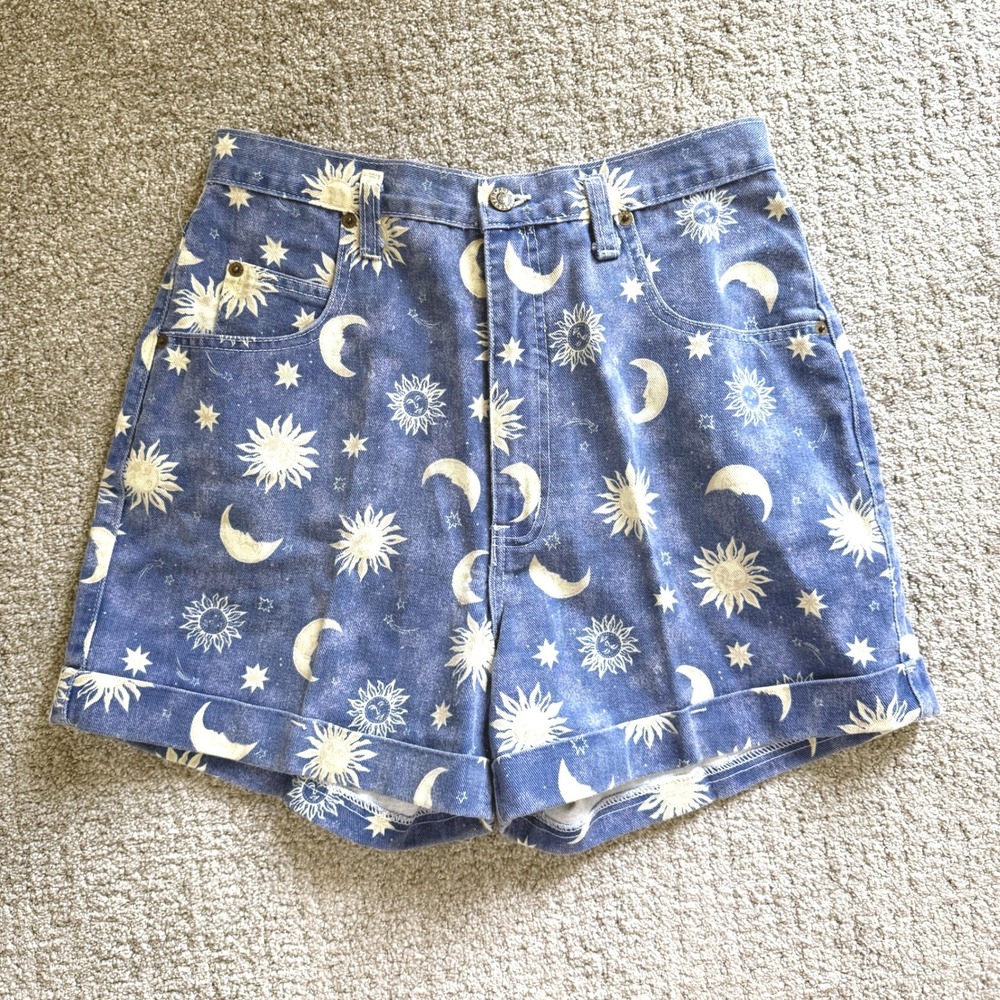 Y2K Vintage Celestial Sun Moon Star High Waisted Denim Shorts 11/12 28" Cosmic